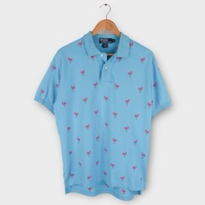 Polo Ralph Lauren Men's Polo Shirt‎ Medium Blue Pink Flamingo Embroidered Cotton